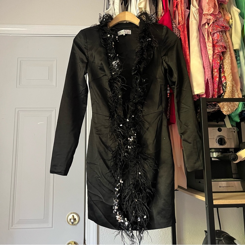 HOUSE OF CB‎ black satin feather sequin trim long sleeve jacket mini dress